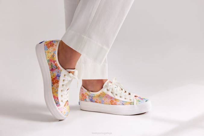 Keds x Rifle Paper Co. malha de chute triplo margaux R28H181 calçados branco multi mulheres